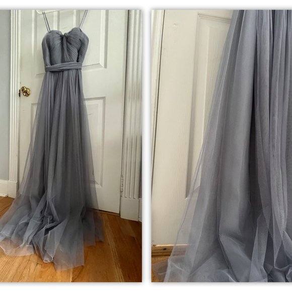 ADRIANNA PAPELL Bridesmaid Convertible Tulle Ball Gown Slate Blue - Picture 6 of 16